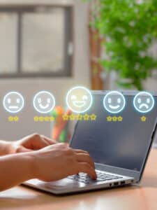Vertical Image on Customer Review Satisfaction and Feedback Evaluation: Excellent Service Experience through Computer