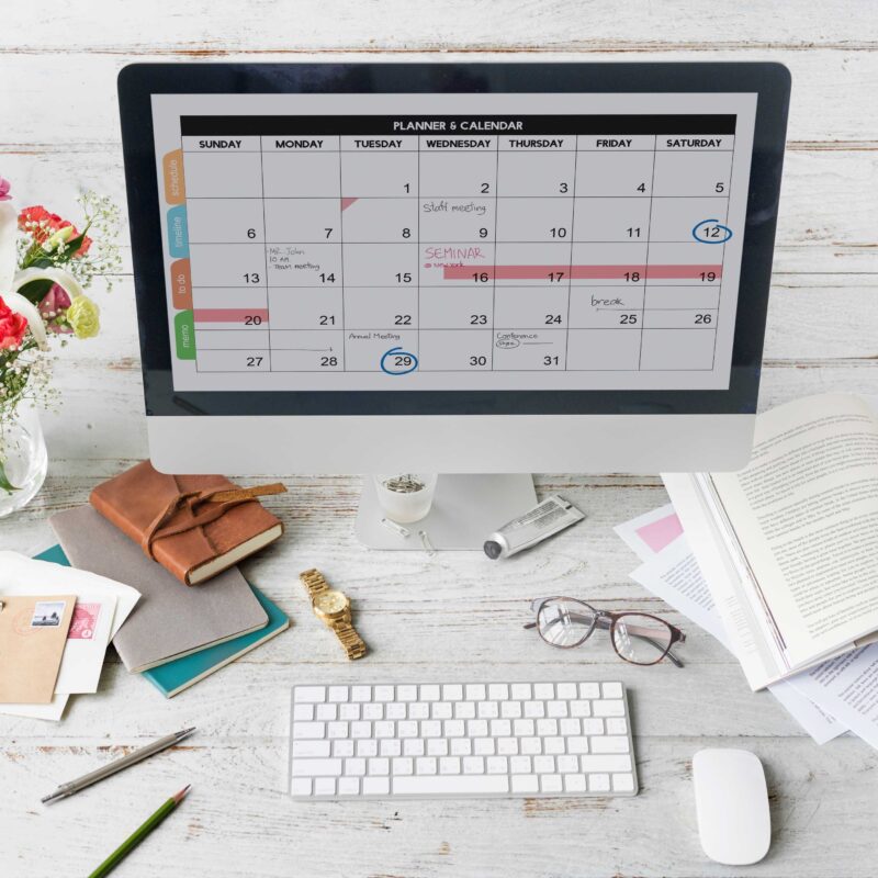 desktop with content calendar on screen