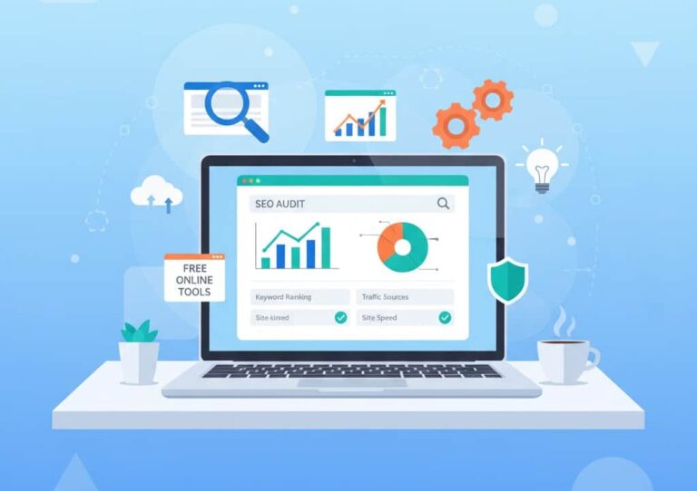 Illustration of a laptop running an SEO audit with keyword, ranking, and site speed checks