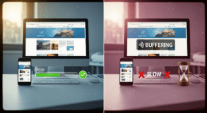Side-by-side comparison of a fast-loading website and a slow, buffering one on desktop and mobile—highlighting how a sluggish San Antonio business website is costing you leads.