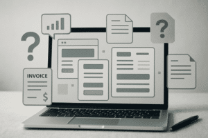 A laptop with various digital document and question mark icons over the screen, suggesting confusion or uncertainty about managing Business Website Costs in San Antonio. A pen is placed beside the laptop.