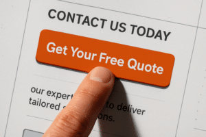 A finger presses an orange button labeled "Get Your Free Quote" on a webpage with the heading "Contact Us Today"—highlighting how your San Antonio business website is costing you leads if you delay reaching out.