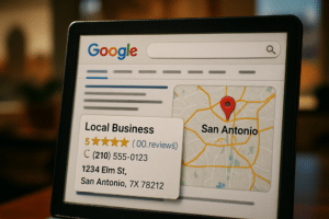 A computer screen displays a Google search result for a local business in San Antonio, showing a map, contact info, address, and a five-star rating with zero reviews—highlighting how your San Antonio Business Website Is Costing You Leads.