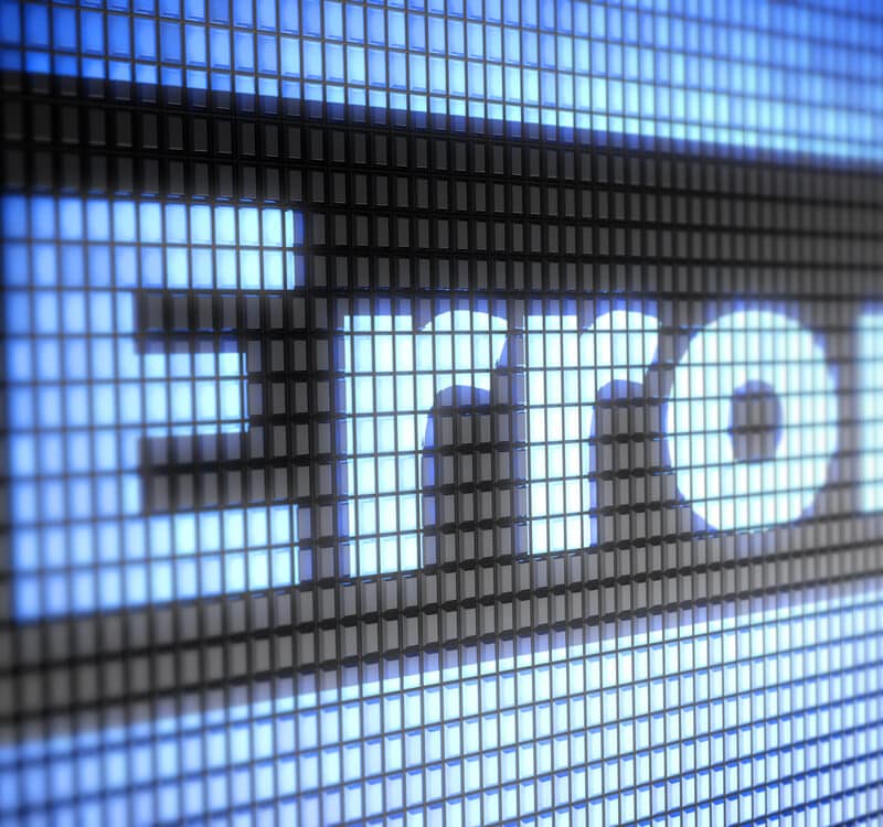 The word "Error" displayed in large white letters on a pixelated, digital screen with a blue and black background, evoking the look of classic website mistakes.