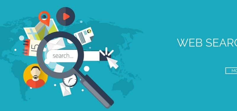 Illustration of a magnifying glass over digital icons like emails, maps, and photos, highlighting how web design affects local search. "WEB SEARCH" and "MORE" appear over a world map background.