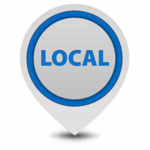 The image shows the words "Local Strategy" above a blue map pin icon on a white background, highlighting how Web Design Affects Local Search.