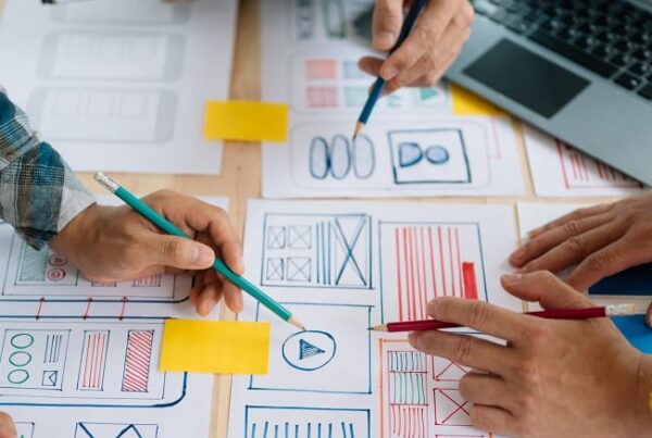 Three people collaborate at a desk in San Antonio, reviewing and marking wireframe sketches for a business website with pens, next to a laptop and sticky notes.