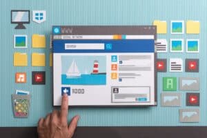 A hand presses a like button on a stylized social network webpage with a seaside image, surrounded by icons for folders, images, and social media—perfect inspiration if you want to build a business website in San Antonio.