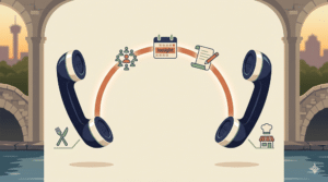 Two telephone receivers are connected by orange arcs, surrounded by icons including a calendar, checklist, fork and knife, a chef's hat, a restaurant, and a network of people.