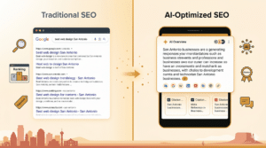 Side-by-side comparison of traditional SEO search results and AI-optimized SEO overview, highlighting differences in result display and information summaries.