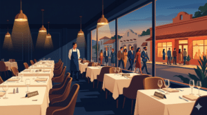 A waiter stands in an empty, reserved-table restaurant interior at dusk, while people line up outside a brightly lit building across the street.