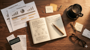 A desk with an open notebook showing handwritten notes, a pen, comparison sheets, sticky notes, a calculator, eyeglasses, and a cup of coffee arranged neatly.