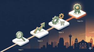 A timeline with four stages: Year 1 (magnifying glass), Year 2 (upward arrow), Year 3 (gears and shopping cart), and Year 5+ (award badge) above a city skyline.