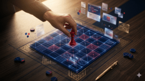 A hand moves a red chess piece on a futuristic digital game board with holographic diagrams and charts displayed above the surface.