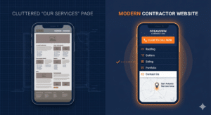 Side-by-side comparison of a cluttered services webpage on desktop and a modern Web Design for Contractors in San Antonio on mobile, featuring a clear menu and map.