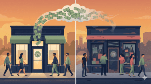 Split image showing two shops: the left shop is well-maintained with a "5%" sign and money flowing in, while the right shop is run-down with a "1%" sign and little money. People walk by both.