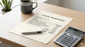 A web design services quotation on a desk next to a pen, a calculator displaying 136,000, a coffee mug, and a potted plant.