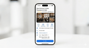 A smartphone displays a Google search result for San Antonio Coffee Roasters & Cafe, showing how San Antonio businesses can use SEO to show up in Google AI Overviews, with photos, contact info, address, hours, website link, and call or navigate options.