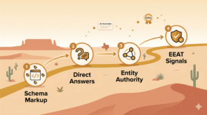 A four-step flowchart in a desert landscape outlines Schema Markup, Direct Answers, Entity Authority, and EEAT Signals as stages in a content optimization process.
