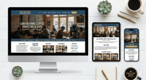 A website for San Antonio Coffee Roasters & Cafe is shown on desktop, tablet, and smartphone, displayed on a marble table with coffee, a notebook, pen, succulent plant—and tips on how San Antonio businesses can use SEO to show up in Google AI Overviews.