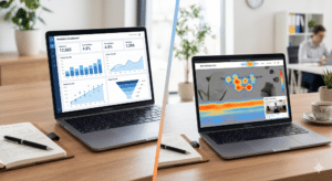Two open laptops on a desk; one displays analytical graphs and metrics, the other shows a website with a heatmap overlay.