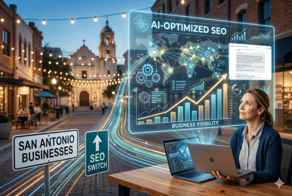 A woman works on a laptop at an outdoor table with digital graphics showing AI-optimized SEO, business charts, and a San Antonio businesses sign in a city street setting.