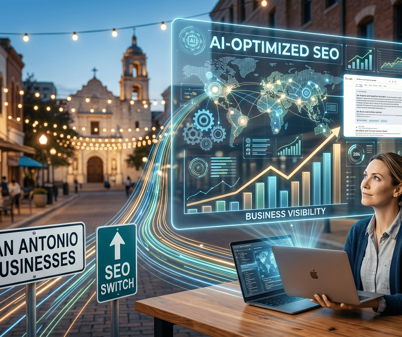 A woman works on a laptop at an outdoor table with digital graphics showing AI-optimized SEO, business charts, and a San Antonio businesses sign in a city street setting.