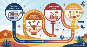 Illustration of a four-step strategy roadmap—Content Structure, External Presence, Consistent Data, and Author Credentials—explaining Why Your Business Isn’t Showing Up in ChatGPT, with arrows connecting each step in a desert landscape.