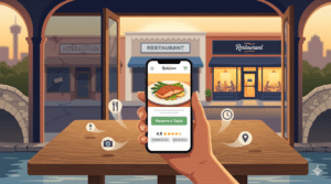 A hand holds a smartphone displaying a restaurant booking app with a meal, star rating, and Reserve a Table button; restaurants and map icons are visible through a window.