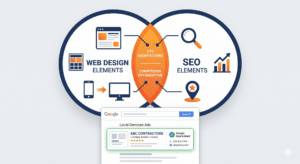 A Venn diagram highlights the overlap between web design elements and SEO, like site architecture and conversion optimization, above a Google local service ad example, illustrating Web Design for Contractors in San Antonio.