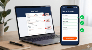 A laptop and a smartphone display a "Get In Touch" contact form. The laptop form shows percentage analytics, while the phone form has green checkmarks and an orange "Send Request" button.