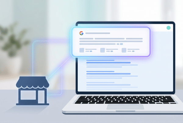 Illustration of a laptop displaying search results, with an icon of a small storefront connected to the screen, representing online visibility for businesses.
