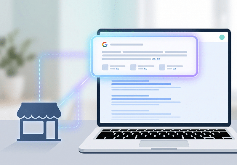 Illustration of a laptop displaying search results, with an icon of a small storefront connected to the screen, representing online visibility for businesses.