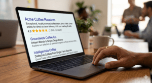 Person using a laptop at a table in San Antonio, viewing search results for coffee roasters—with ratings, descriptions, and schema markup structured data clearly visible on the screen.