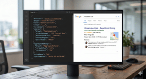A computer monitor on a desk displays code with schema markup on the left and Google search results for Oceanview Cafe in San Antonio on the right, all set in a modern office environment.