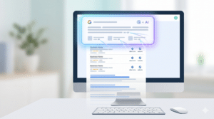 A computer monitor displays a Google search results page with an AI-powered summary box at the top and listings below, on a modern desk setup.