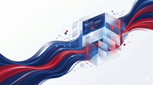 Abstract digital illustration of a 3D website interface with red and blue wave patterns, data charts, and icons suggesting technology and web development concepts.