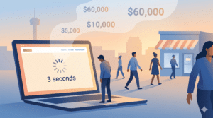 Illustration of people walking past a storefront and a laptop displaying "3 seconds" with various dollar amounts floating above, suggesting online purchasing or economic activity.