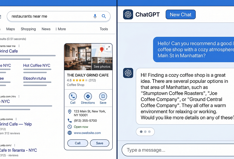 A split-screen shows a Google search for “restaurants near me” on the left and a ChatGPT conversation about cozy coffee shops in Manhattan—and hints at Why Your Business Isn't Showing Up in ChatGPT.