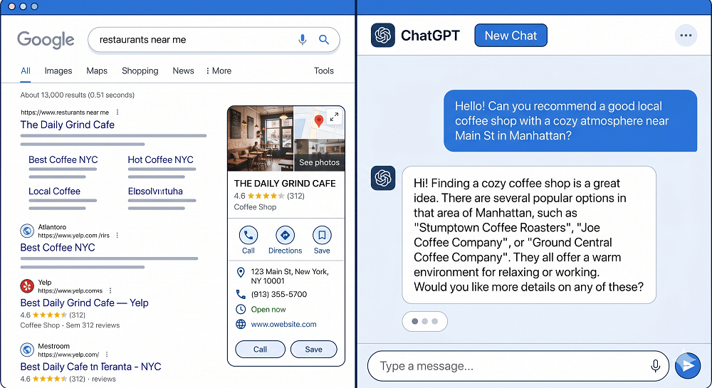 A split-screen shows a Google search for “restaurants near me” on the left and a ChatGPT conversation about cozy coffee shops in Manhattan—and hints at Why Your Business Isn't Showing Up in ChatGPT.
