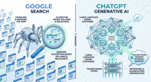 Side-by-side comparison of Google Search’s web crawling and ranking process with ChatGPT’s generative AI synthesis—highlighting factors like Why Your Business Isn’t Showing Up in ChatGPT due to differences in data sources and discovery methods.