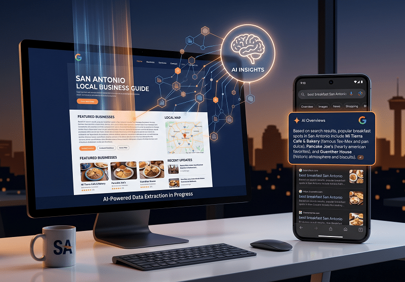 A computer and smartphone display a San Antonio local business guide, with AI-powered data extraction and insights visualized, set in a modern office with city skyline in the background.