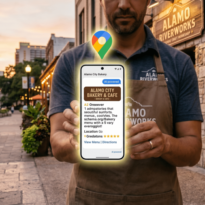 A man wearing an apron stands outside Alamo Riverworks, holding a smartphone with a bakery café review and map location displayed on the screen.