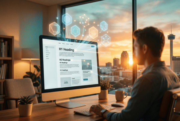 Man working on a desktop computer in a modern office at sunset, with digital graphics of data and icons displayed above the screen. City skyline visible through large window.