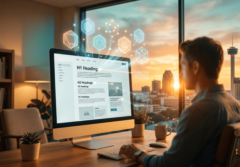 Man working on a desktop computer in a modern office at sunset, with digital graphics of data and icons displayed above the screen. City skyline visible through large window.