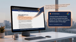 A computer screen displays a website about the Alamo battle, highlighting a passage and an AI-generated summary box quoting the highlighted text.