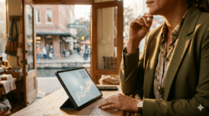 Woman in olive green blazer and patterned shirt looks at tablet displaying a line graph.