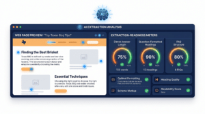 A digital dashboard showing AI extraction analysis for a web page preview, with extraction-readiness meters and highlighted content sections.