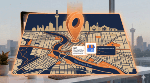 A digital map with a location pin highlights a city's area, showing contact details and a local business card; a city skyline and desk setup are visible in the background.