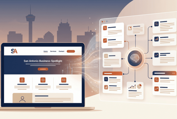 A laptop displaying a business website sits beside a digital visualization of interconnected business data, with a city skyline in the background.
